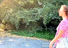 Walking toples to the beach. Flashing pussy on the road. Public.