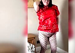 wife in Cheongsam Suit Fishnet Hose Striptease showing off legs and saggy melons