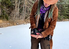 Stroking off on a frozen lake - 4k 60fps