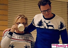 Blonde and brunette are having a threesome on a Christmas night, and enjoying it a lot