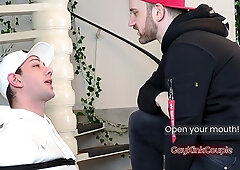 Tied on a tabouret at his mercy