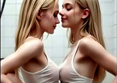Golden-haired Shower Lesbos Tribbing Giving a kiss Lactating and Drooling [AI]