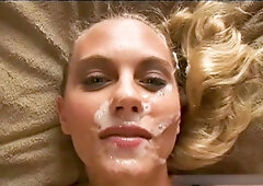 Blonde housewife cheats with husband's friend in black lingerie for a facial