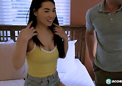 Cute Busty Asian Babe Mina Moon Lets Her BF In Through the Window To Get Her Pussy Licked & Fucked