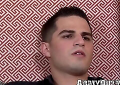 Young gay soldier twirling muscle body while masturbating