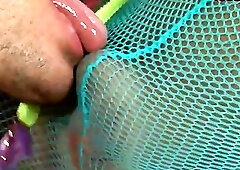 Guy rips through blonde shemale's cyan stockings and fucks her