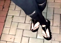 Out for a night walk in my thick platform sandals... ebony toes full of silver rings, flexing and teasing each chap who stares. Those crossdresser fee