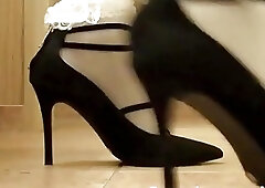 crossdresser frill socks high heels and stockings