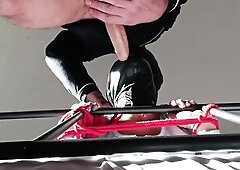 thirty minutes slavery banging and sucking on miniskirt, hose and high heels, with cum on melons