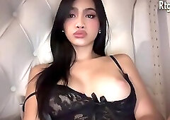 big tits trans beauty in black lingerie strokes her cock on webcam