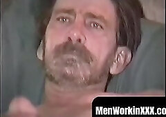 Rugged stud strips naked to tease with his throbbing hard cock