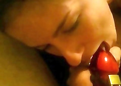 She cages his cock up and then masturbates in front