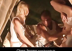 Slim golden-haired Mega and bi redhead Minnie sexy 3 bang in baldachin