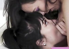 Lewd lesbian milfs with admirable large natural bazookas giving a kiss and eating their holes