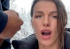 Hot slut suck cock in the snow and anal ride it in the car