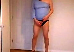 Blue minidress, pantyhose and no knickers