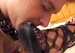 Beautiful blonde shemale orders him to lick her feet passionately