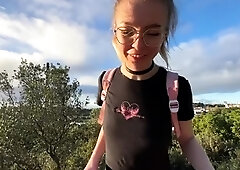 Nerdy teen surprises boyfriend with hot blowjob outdoors