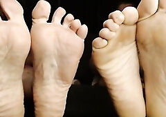 All side by side thru the entire clip. Four feet in a row. Pick which one gets u load. Toe wiggling, lesbo ignoring u. Have joy. Wrinkled and overweig