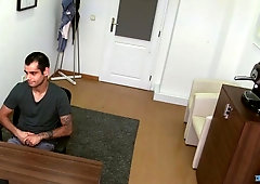 Big-eyed brunette twink takes a facial