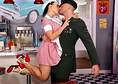 Tgirl waitress Ember Fiera assfucking in diner