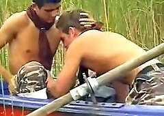 torrid guys rowing in a boat and fucking on the beach