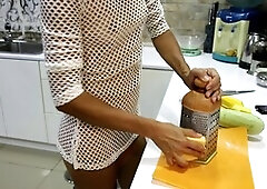 Quickie with a steamy housewife in a sexy sundress while baking zucchini