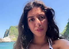 Walking with hot cum on my face on a public beach full of