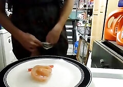 Hot sissy crossdresser transsexual cums on her dentures and drinks her cum throughout a straw.