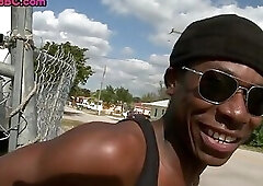 Black dude filled outdoor by white cock in anal hole