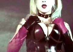 A huge-boobed blondie gal in purple clothing likes tough