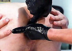 Office stud assfisted by deepthroating skinny BF in gloves