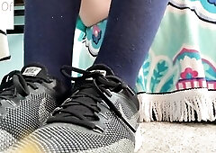 naked foot, putting on knee high socks, and nike shoes - glimpseofme