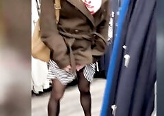 Transsexual is shopping slipless and peeing in cup of coffee