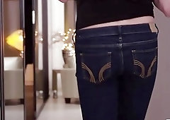 Handsome chick with dick Chanel Santini bangs wildly on sofa