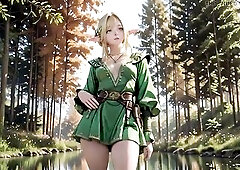Dappled sunlight filters throughout the trees as a breathtaking blond elf in a emerald green taut suit makes her entrance in the quiet forest. That ba