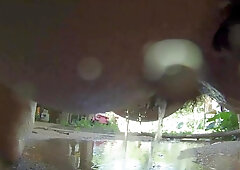 Chunky cutie peeing on security camera outside soaked bushy cunt pissing on feet