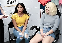 Sleazy security guard catches two hot big-titted teens and makes them fuck each other and him