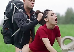 Lucky tourist fucks a hot babe after changing the oil in her car