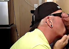 Real gloryhole BJ DILF sucks hard dick with his hungry mouth