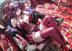 This babe's the Purple-Haired Demon Queen ruling over a throne of magma, lounging atop her magnificent seat. Her red-and-ebony leather armor clin