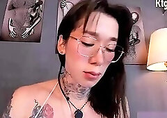 big tits latina glasses tgirl with tattoos jerks off her big heavy cock on webcam