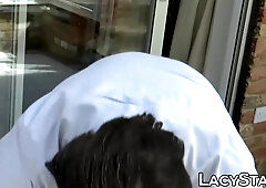 Big Boobed British GRANDMA catches a guy watching her & fucks him