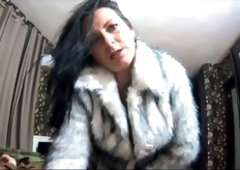 Stepmom Milfycalla enjoys face-fucking and cum play while rocking a sexy grey fur coat and long boots
