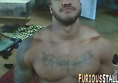 Muscly hunk rams man hole