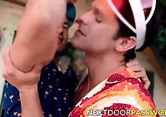 Jock Devin Franco rides the throbbing cock of top Derek Kage after some hot sucking a