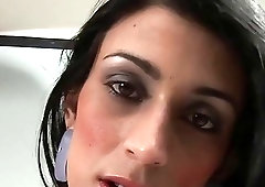 Ravishing shemale performs a striptease before pounding a hot babe