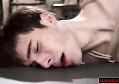 Derek Kage plows a vulnerable tied up Max Mabry every which way until he ultimately spunks