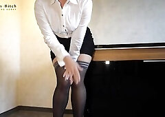 hawt secretary in high heels, nylons and constricted petticoat widens her legs for u; DM me to buy the lengthy JOI bawdy talk version