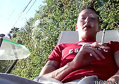 Chain smoker Ryan Connors plays with his instrument and cums